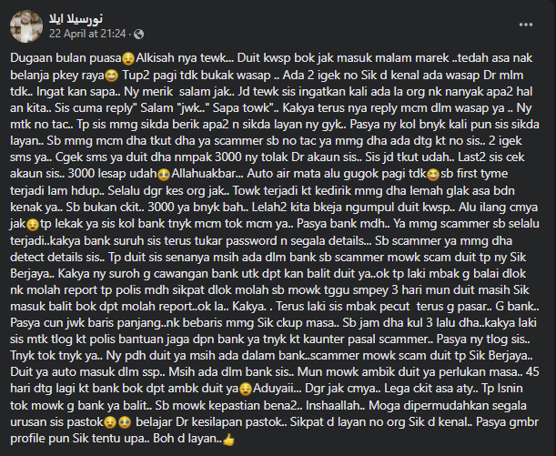 RM 3K Disangka Lesap, Wanita Ini Cemas Duit KWSP Hampir Dicekau Scammer Melalui Whatsapp