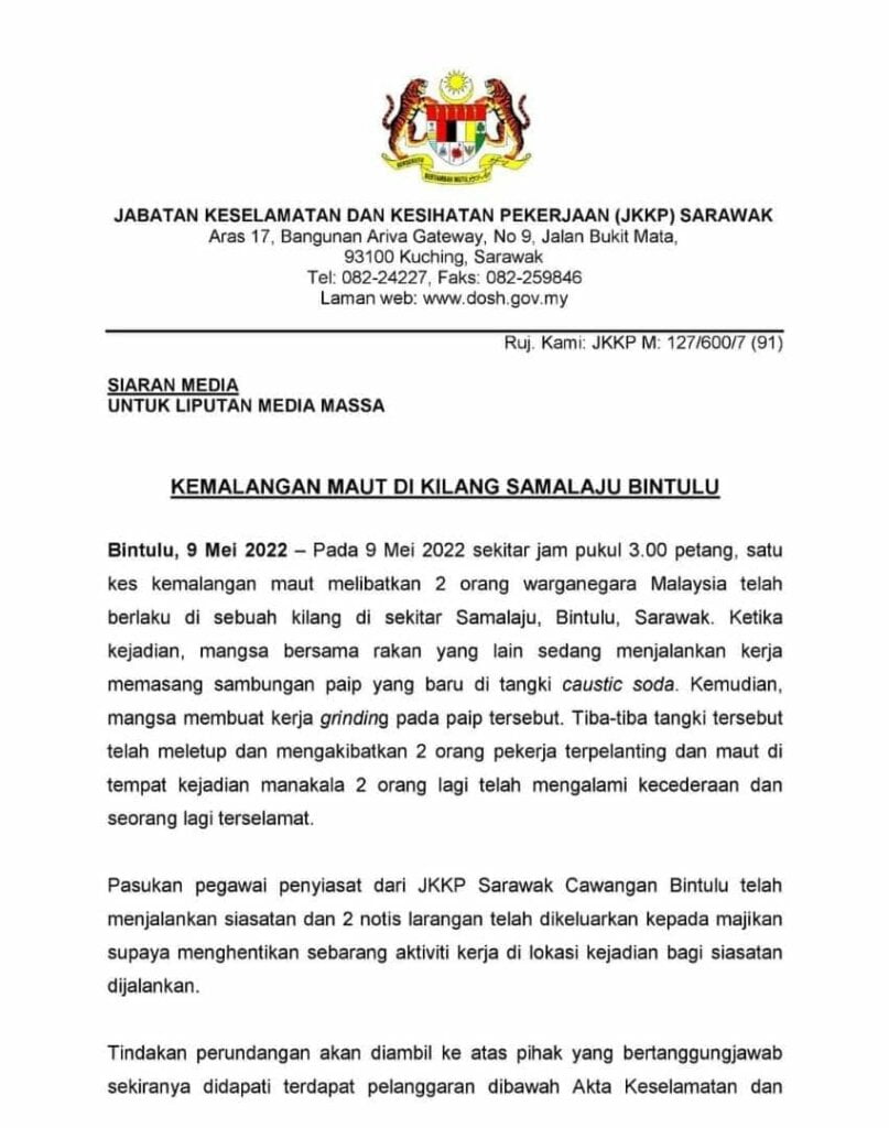 Letupan Di Kilang Samalaju Bintulu, 2 Pekerja Maut Semasa Menjalankan Kerja Sambungan Paip
