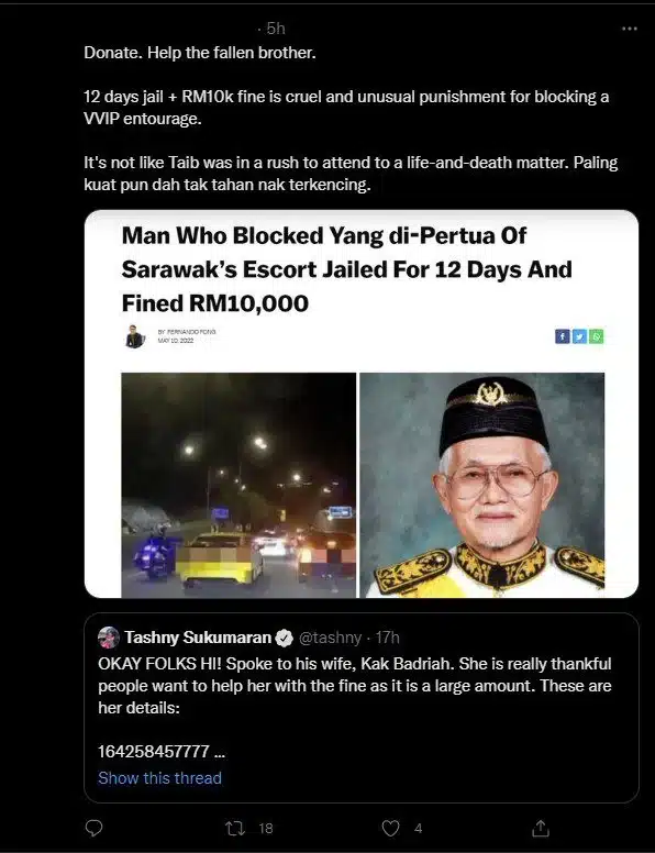 Netizen Sepakat Kumpul Derma Lunas Denda Lelaki Dijel Halang Konvoi TYT Sarawak