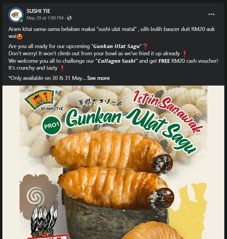 Sukakan Cabaran? Sushi Ulat Sagu Challenge, Anda Boleh Dapatkan Baucar RM20 Di Sushi Tie