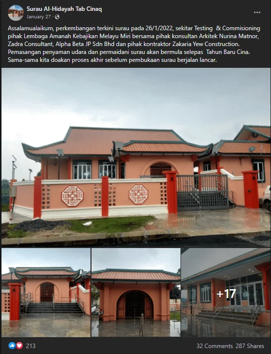 Tarikan Surau Al Hidayah Tab Cinaq, Surau Unik Dengan Seni Bina Cina Di Pujut Miri