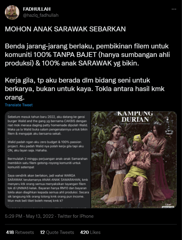 Dibikin 100% Oleh Komuniti Samarahan, Jom Tonton Filem Janda Kampung Durian