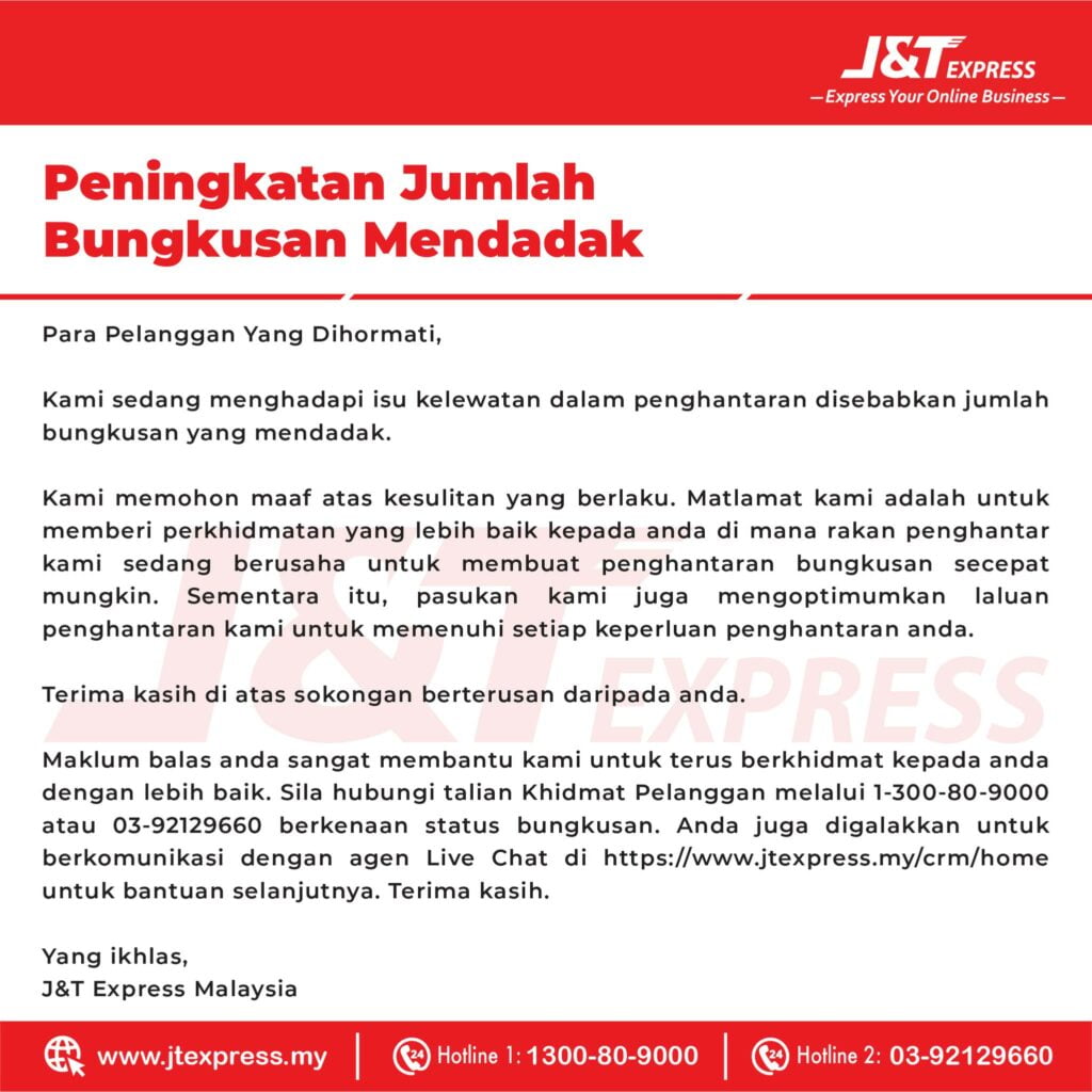 Jumlah 'Parcel' Meningkat Mendadak, J&T Mohon Maaf Atas Kelewatan Penghantaran