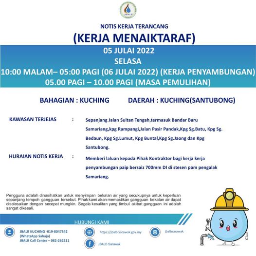 Penduduk Sekitar Santubong Bakal Alami Gangguan Bekalan Air Minggu Depan