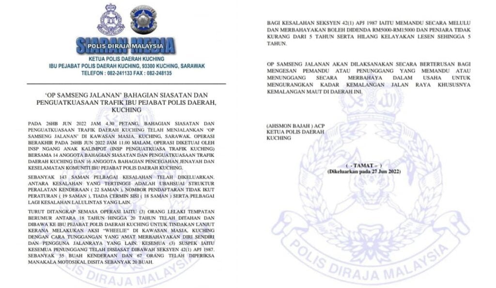 Buat Aksi Wheelie Di Masja Kuching, 3 Remaja Ditahan Polis
