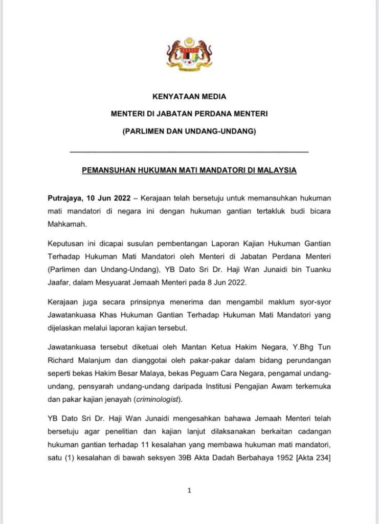 Hukuman Mati Mandatori Dimansuhkan Di Malaysia