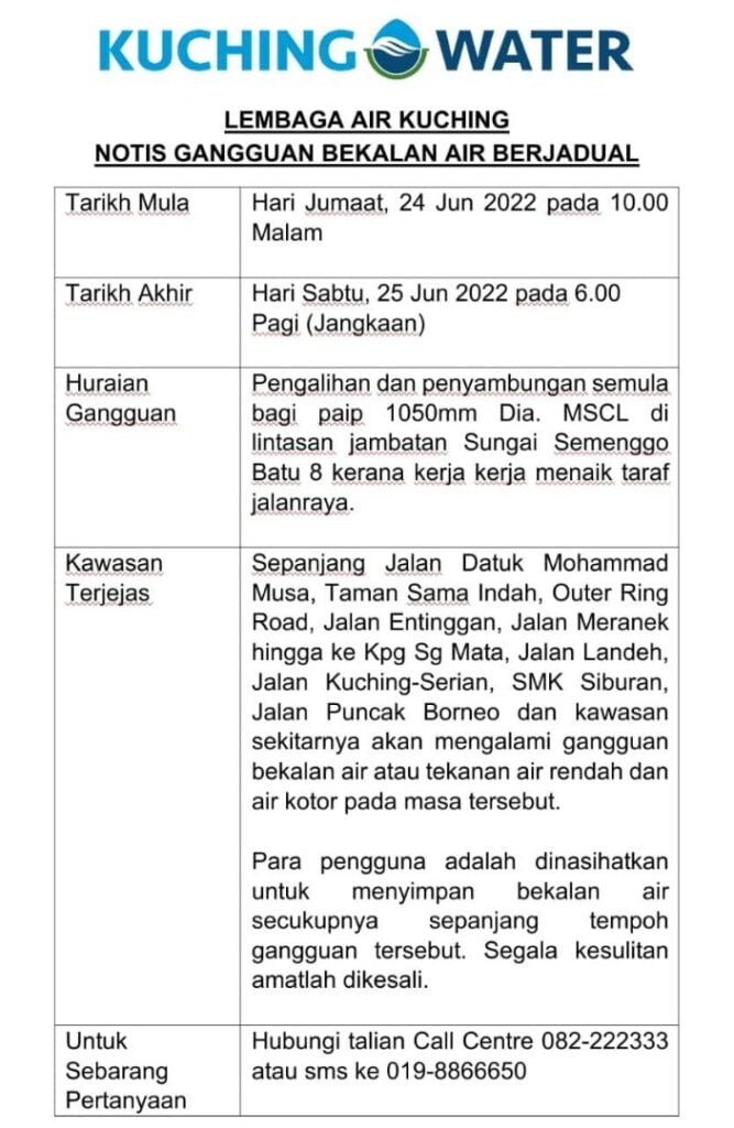 Kawasan Kuching-Serian Bakal Alami Gangguan Bekalan Air Jumaat Ini