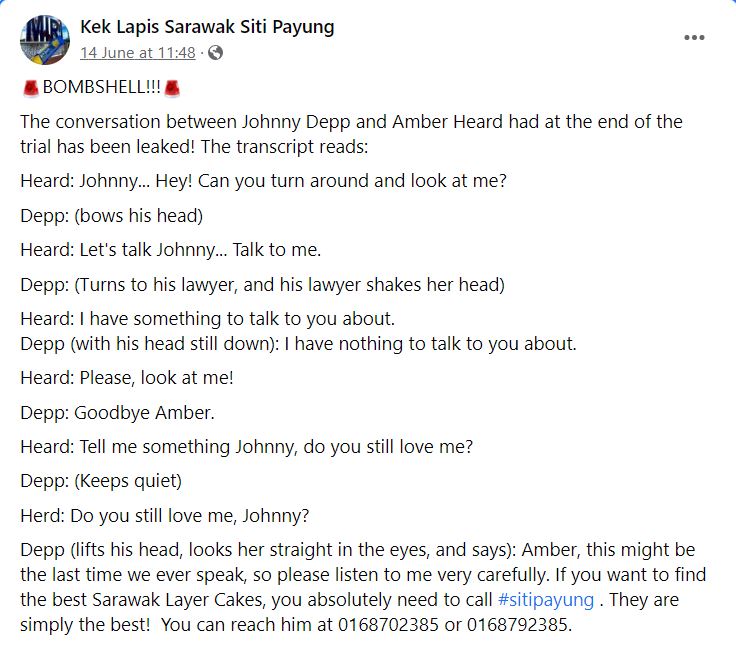 Kreatif Reka Perbualan Amber Heard Dan Johny Depp Untuk Jual Kek Lapis Sarawak, Netizen Terhibur!