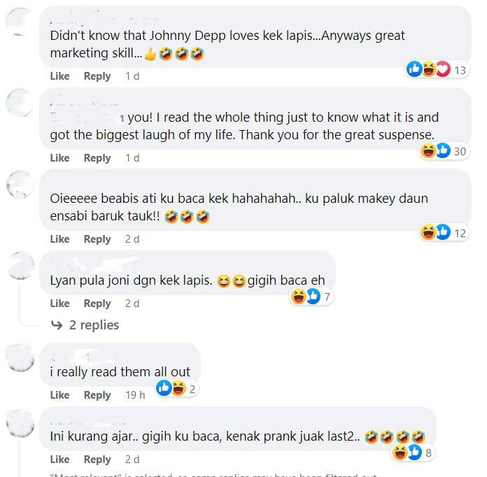 Kreatif Reka Perbualan Amber Heard Dan Johny Depp Untuk Jual Kek Lapis Sarawak, Netizen Terhibur!