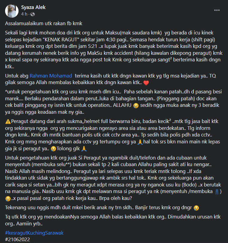 Patah Pinggang Akibat Diragut Di Sego, Keluarga Wanita Ini Mohon Kesan Peragut 'Badan Kecil'