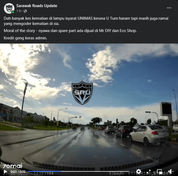 [VIDEO] Saga Buat Aksi U-Turn Merbahaya Di Jalan Licin Depan Simpang UNIMAS