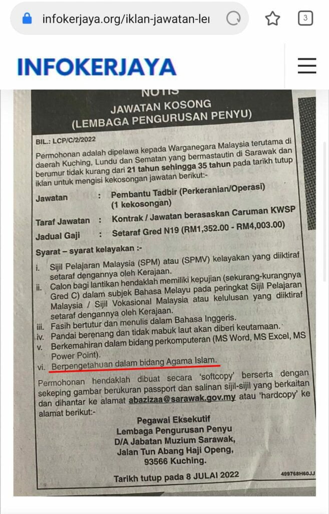 Isu Syarat Aneh Jawatan Kerani Di Kuching, Jabatan Muzium Tepis Dakwaan Iklan Bersifat Diskriminasi