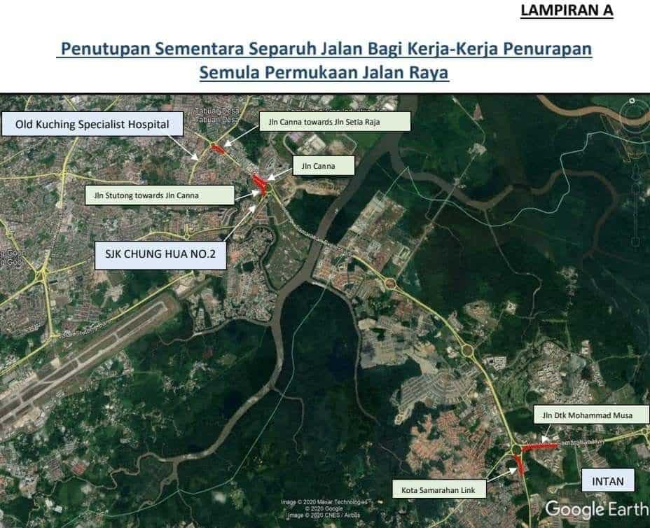 4 Jalan Di Samarahan-Kuching Ini Ditutup Separuh Untuk Kerja Penurapan Semula