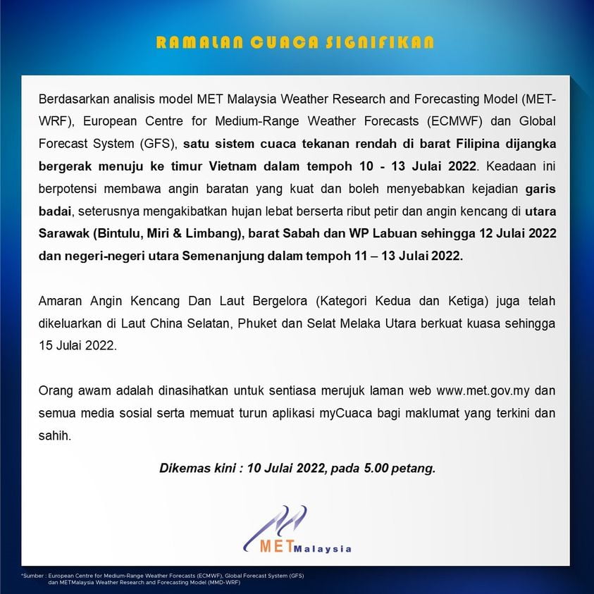 Amaran Cuaca Buruk Dan Ribut Petir Di Sabah Sarawak Sehingga 13 Julai