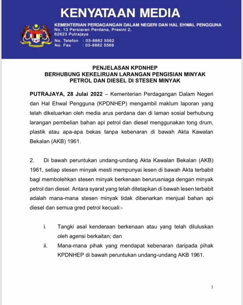 Tular Isu Tidak Benarkan Isi Minyak Dalam Tong, Ini Rupanya Penjelasan KPDNHEP