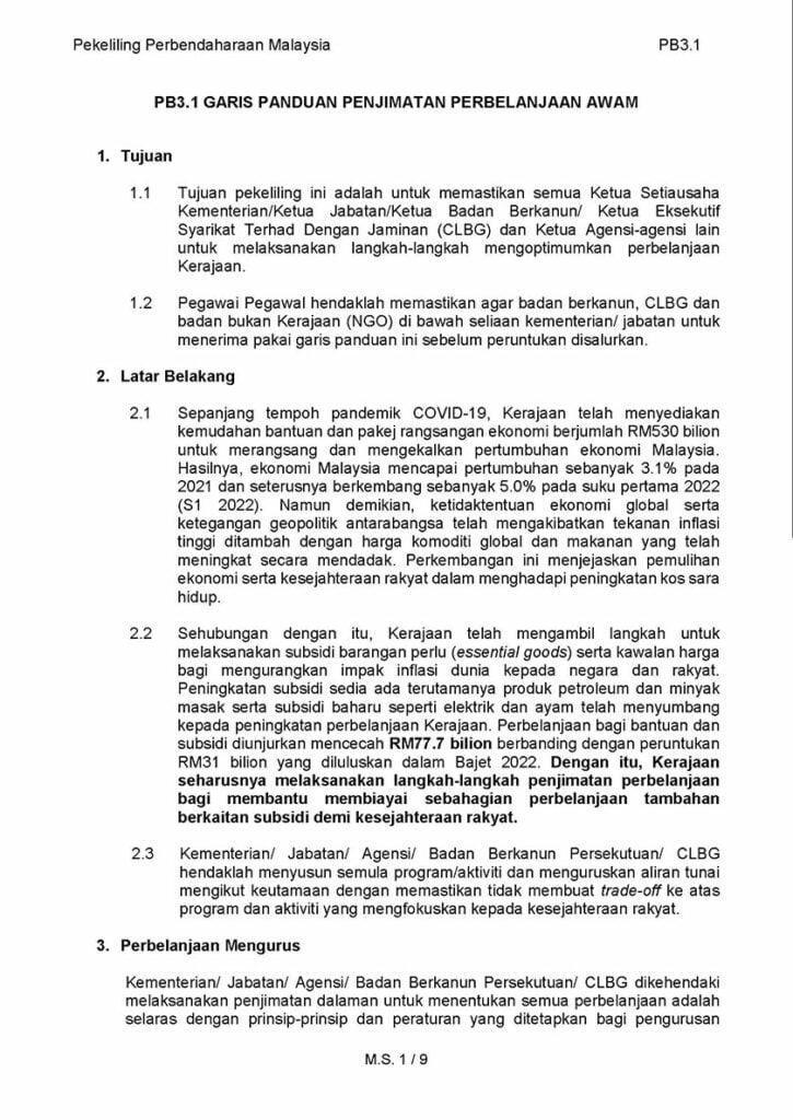 MOF Keluarkan Pekeliling Baharu, Minta Kerajaan Buat Penjimatan Besar-Besaran