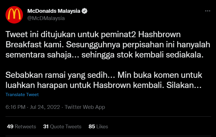'Perpisahan Ini Hanyalah Sementara', McDonald Tidak Hidangkan Hashbrown Buat Sementara Waktu.