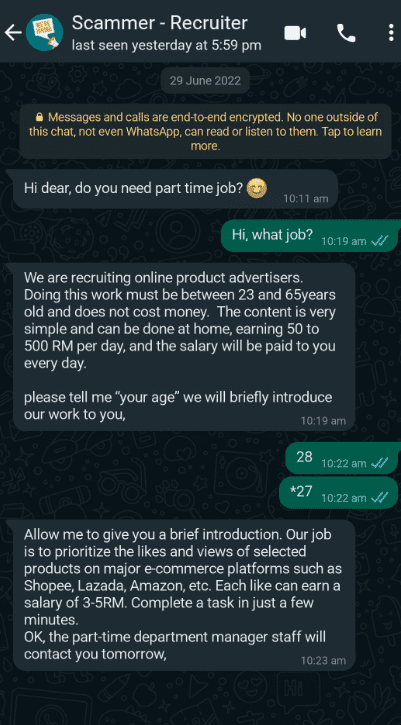 Kenali Ciri-Ciri Scammer Yang Tawar Kerja Sambilan Melalui Whatsapp Dan SMS