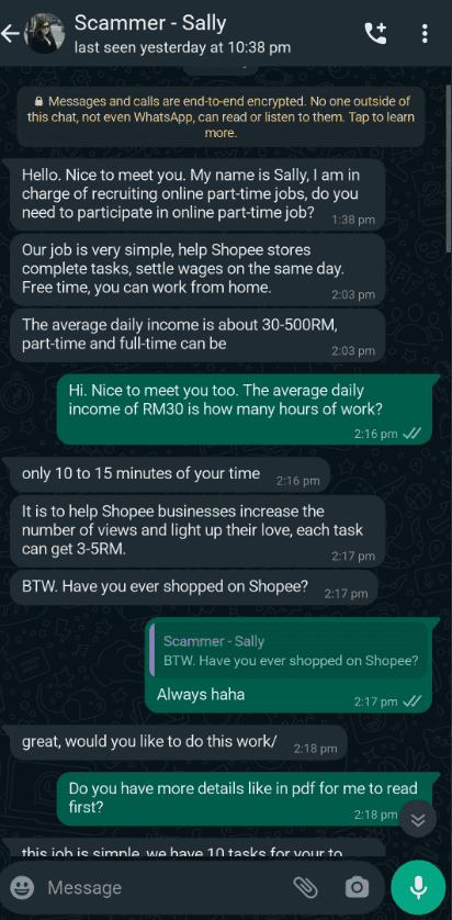 Kenali Ciri-Ciri Scammer Yang Tawar Kerja Sambilan Melalui Whatsapp Dan SMS