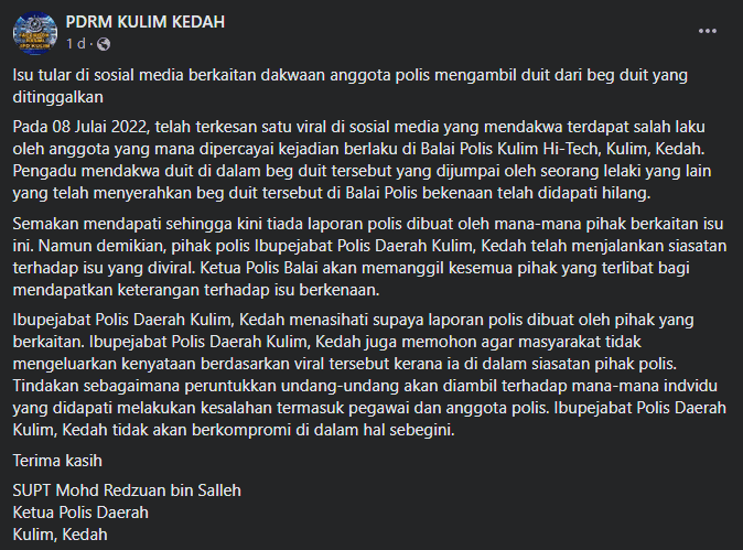 Lelaki Ini Kecewa Duit Hilang Dalam Dompet Lepas Tuntut Dari Balai, Dakwa Dicopet Polis