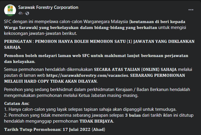 JULAI 2022: Ini Panduan Ringkas Mengisi Jawatan Kosong Perbadanan Hutan Sarawak (SFC)