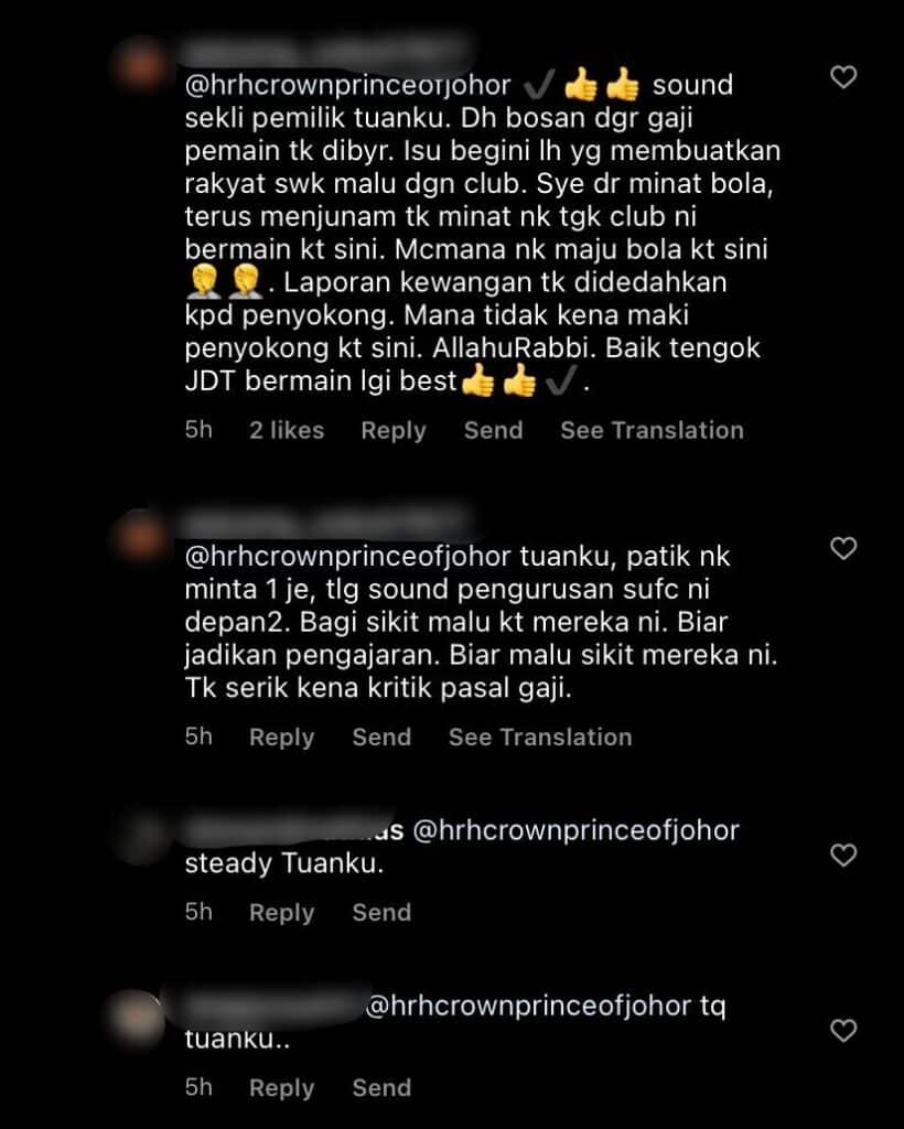 Tunggakan Gaji Belum Selesai, Sekali TMJ Bagi Komen Di Instagram SUFC Telah Raih Sokongan Netizen