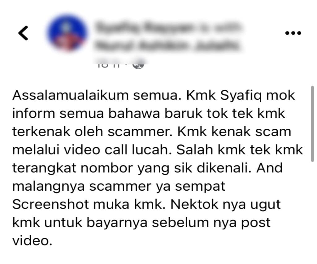 Lagi Kes Scammer, Kali Ini Bermotif Ugutan Sebar Tangkapan Skrin Video Lucah Pula