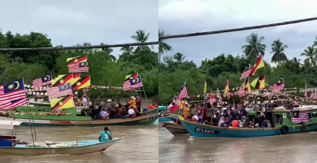 Sambutan Hari Kebangsaan Unik, Warga Sebuyau Berarak Dengan Bot Dihiasi Bendera