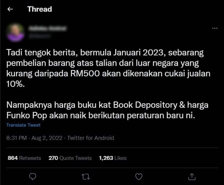 Beli Dalam Kuantiti Bawah RM500, Barangan Import Bakal Dikenakan Cukai Jualan 10% Mulai 2023