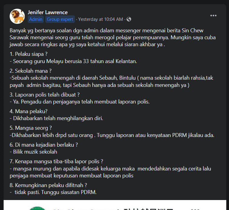 Dituduh Rogol Anak Murid Di Bintulu, Suspek Kini Menghilangkan Diri
