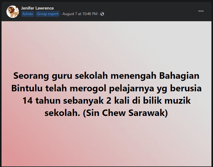 Dituduh Rogol Anak Murid Di Bintulu, Suspek Kini Menghilangkan Diri
