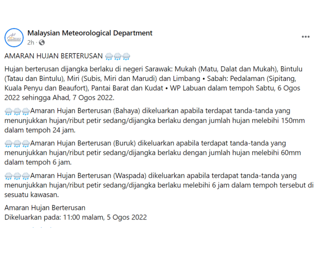 Amaran Hujan Berterusan Di Sabah Dan Sarawak Sehingga 7 Ogos