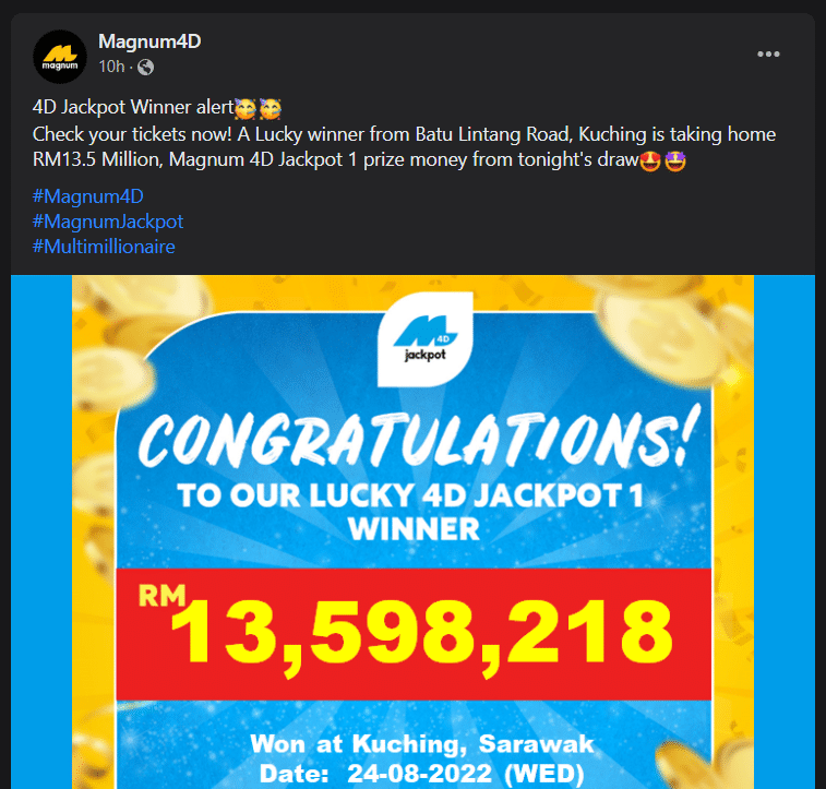 Menang Jackpot 4D, Individu Dari Batu Lintang Ini Peroleh Hadiah RM13.5 Juta