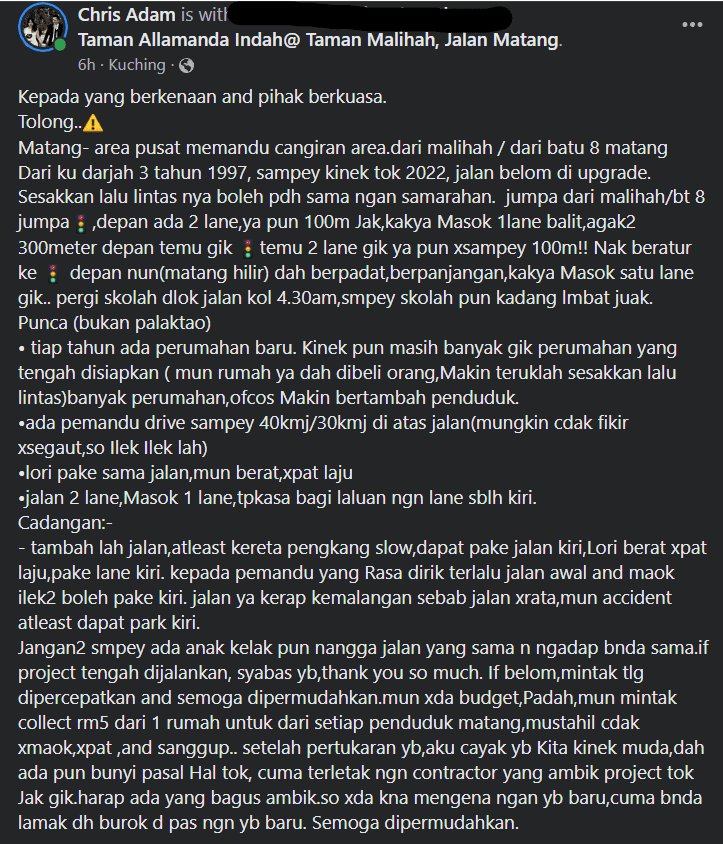 Berpuluh Tahun Jalan Belum Dinaik Taraf, Warga Matang Berang Jalan Masih Sama