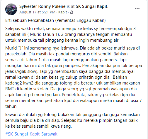 Tular Bantu Rakan Istimewanya, Sikap Pelajar Tahun Satu SK Sungai Kapit Ini Dipuji Ramai