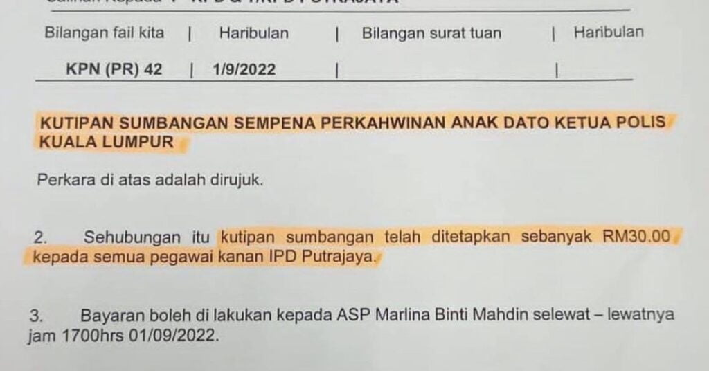 Memo Pegawai Kanan Minta Sumbangan RM30 Untuk Perkahwinan Anak Dato Tular, Undang Komen Panas Netizen