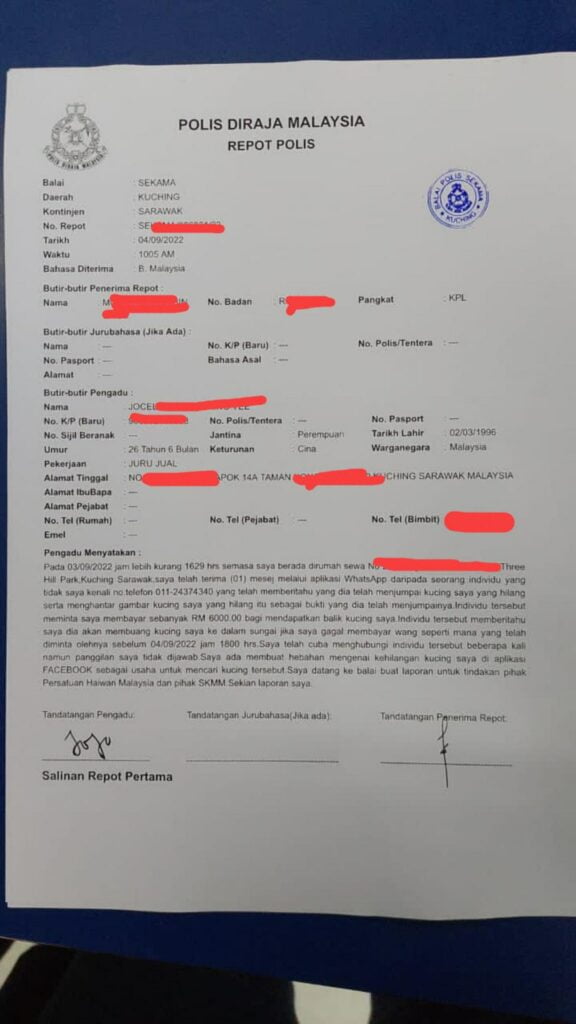 Ugut Lempar Kucing Peliharaan Ke Sungai, Penculik Minta Wang Tebusan Sebanyak RM6K Di Kuching