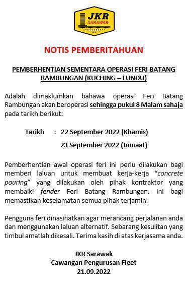 Operasi Feri Batang Rambungan Kuching-Lundu Akan Diberhentikan Buat Sementara Waktu