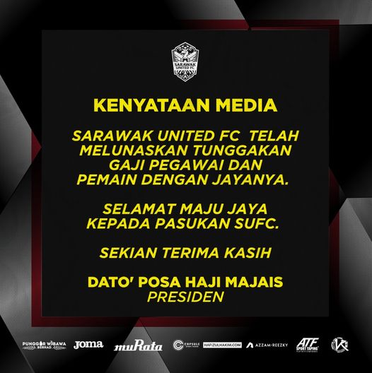 Pemain Sarawak United Dedah Gaji Belum Dilunaskan Sepenuhnya