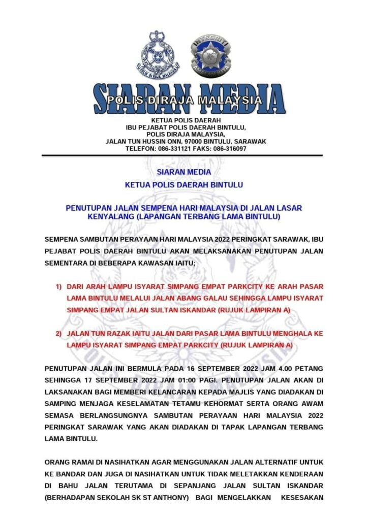 Dua Laluan Di Bintulu Bakal Ditutup Untuk Sambutan Hari Malaysia