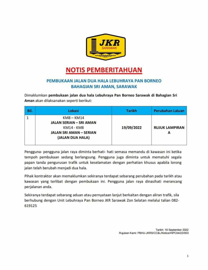 Laluan Serian-Sri Aman Lebuhraya Pan Borneo Dibuka Mulai Hari Ini