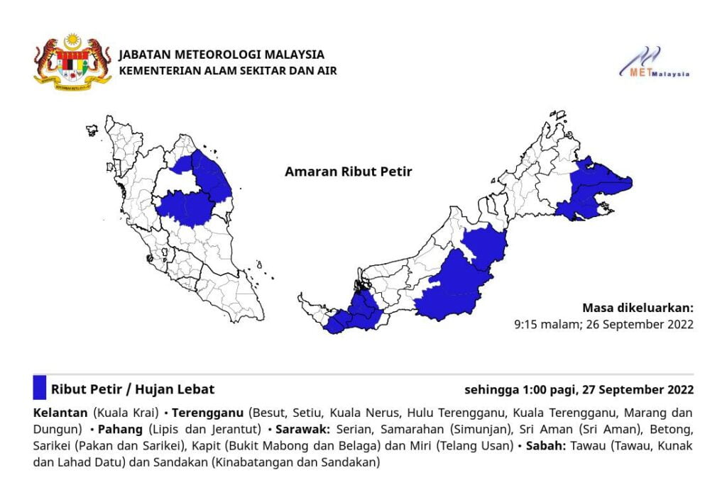 Amaran Hujan Lebat Berterusan Di Beberapa Tempat Di Sarawak