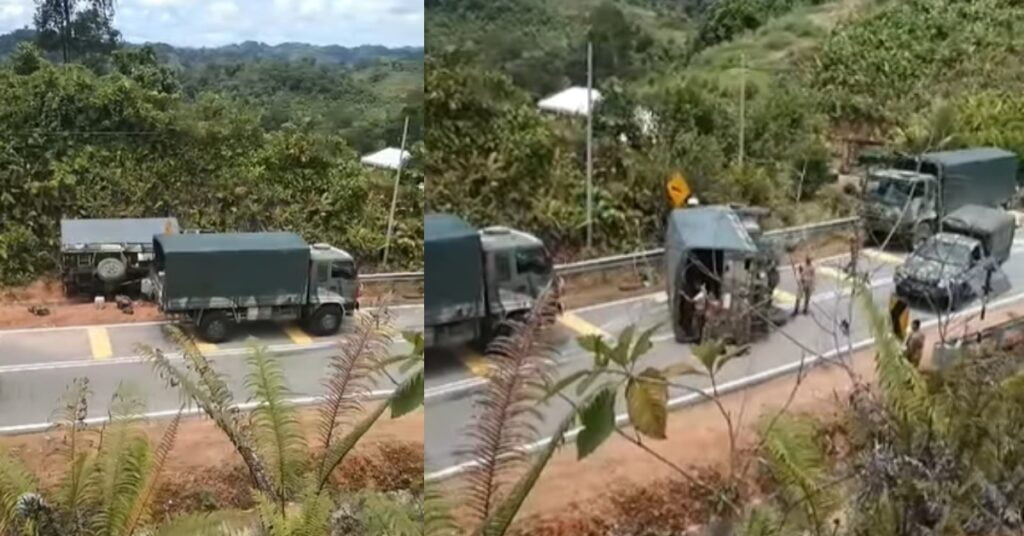 Hilang Kawalan Di Selekoh Bukit, Trak Askar Terbalik Di Jalan Sungai Sebatu Kapit