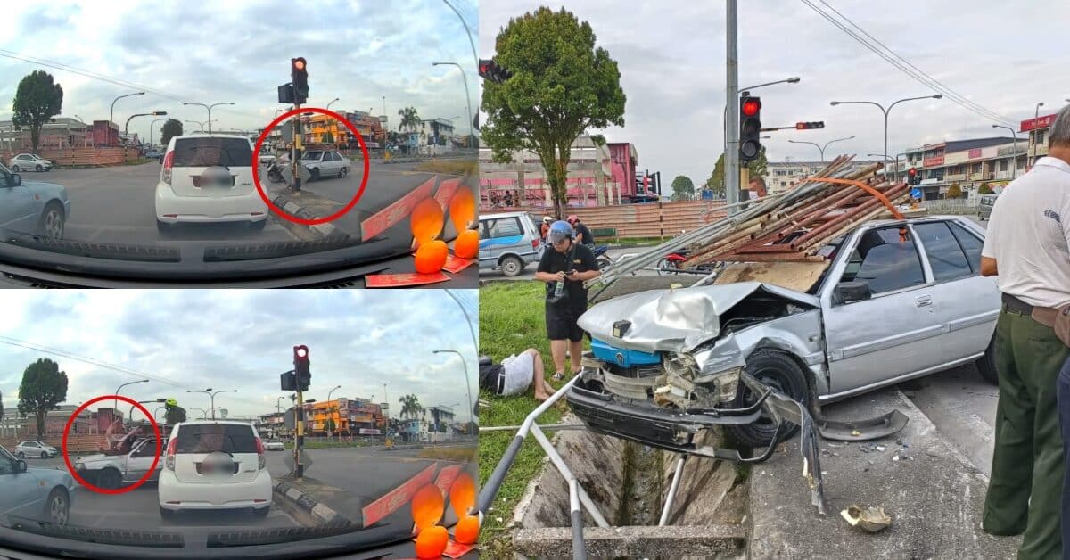 Langgar Lampu Merah, Proton Saga Rempuh Motosikal Sempat Dirakam Netizen Di Batu 7