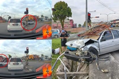 Langgar Lampu Merah, Proton Saga Rempuh Motosikal Sempat Dirakam Netizen Di Batu 7