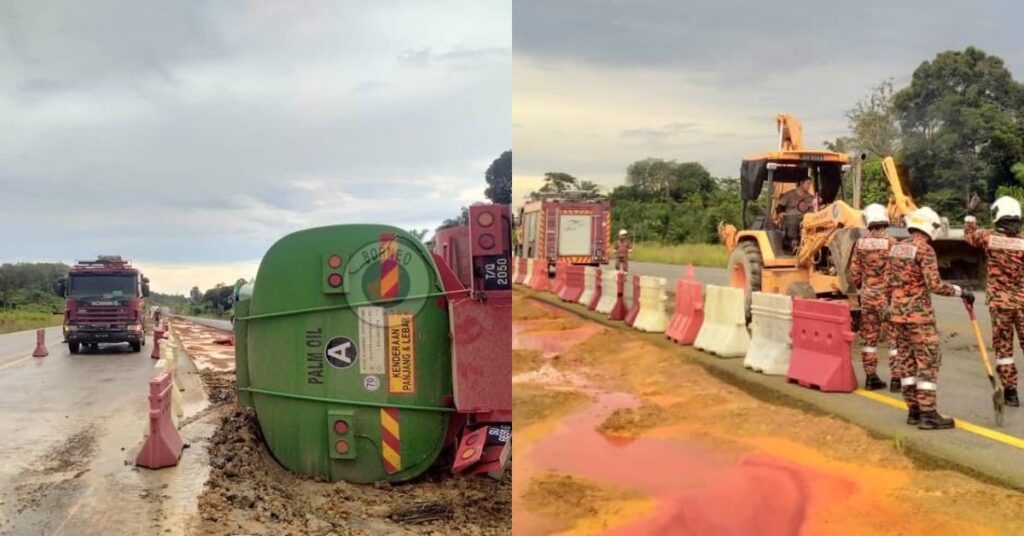 Lori Tangki Minyak Terbalik, Jalan Berminyak Dan Pemandu Sempat Selamatkan Diri Sendiri