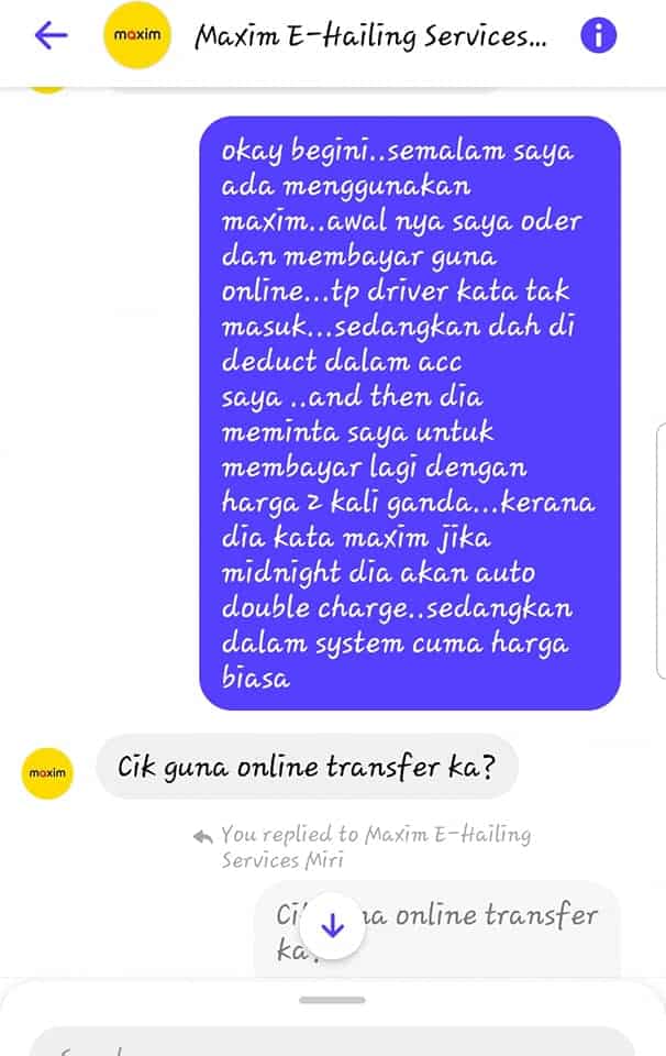 Dicaj Sampai 3 Kali Ganda, Penumpang Ini Kecewa Dengan Sikap Pemandu Maxim Di Miri