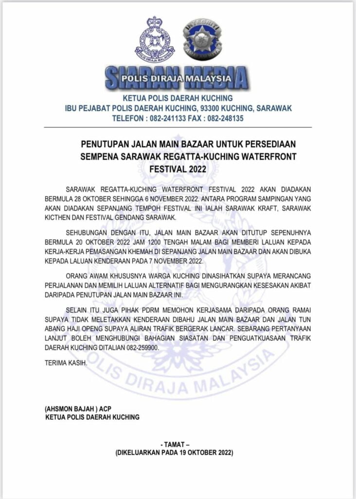Penutupan Jalan Main Bazaar Bermula Malam Ini Hingga 7 November Sempena Persiapan Sarawak Regatta
