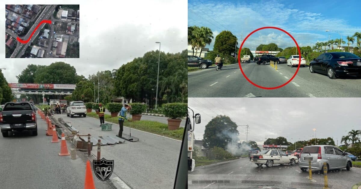 Sering Jadi Shortcut Haram, JKR Bertindak Pasang Simen Di Jalan Tun Razak Di Kuching