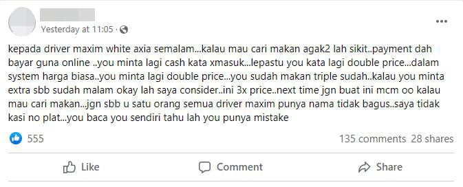 Dicaj Sampai 3 Kali Ganda, Penumpang Ini Kecewa Dengan Sikap Pemandu Maxim Di Miri